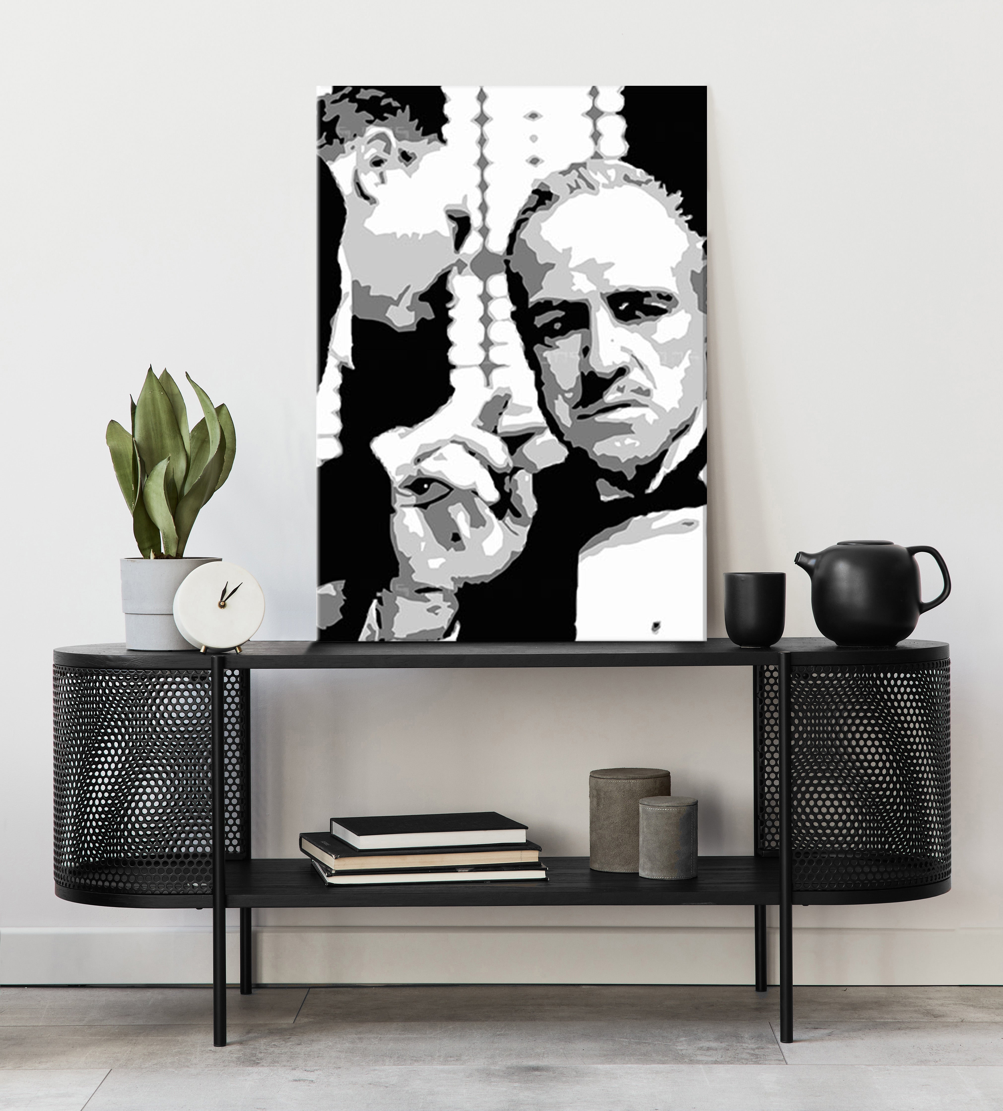Модерна слика на платно со мотив GODFATHER во црно-бело нијанси, драматична атмосфера, семејство и сила и моќ | POP Art слика GODFATHER – главна [XOBPPGFOH]