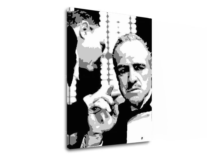 Модерна слика на платно со мотив GODFATHER во црно-бело нијанси, драматична атмосфера, семејство и сила и моќ | POP Art слика GODFATHER – производ