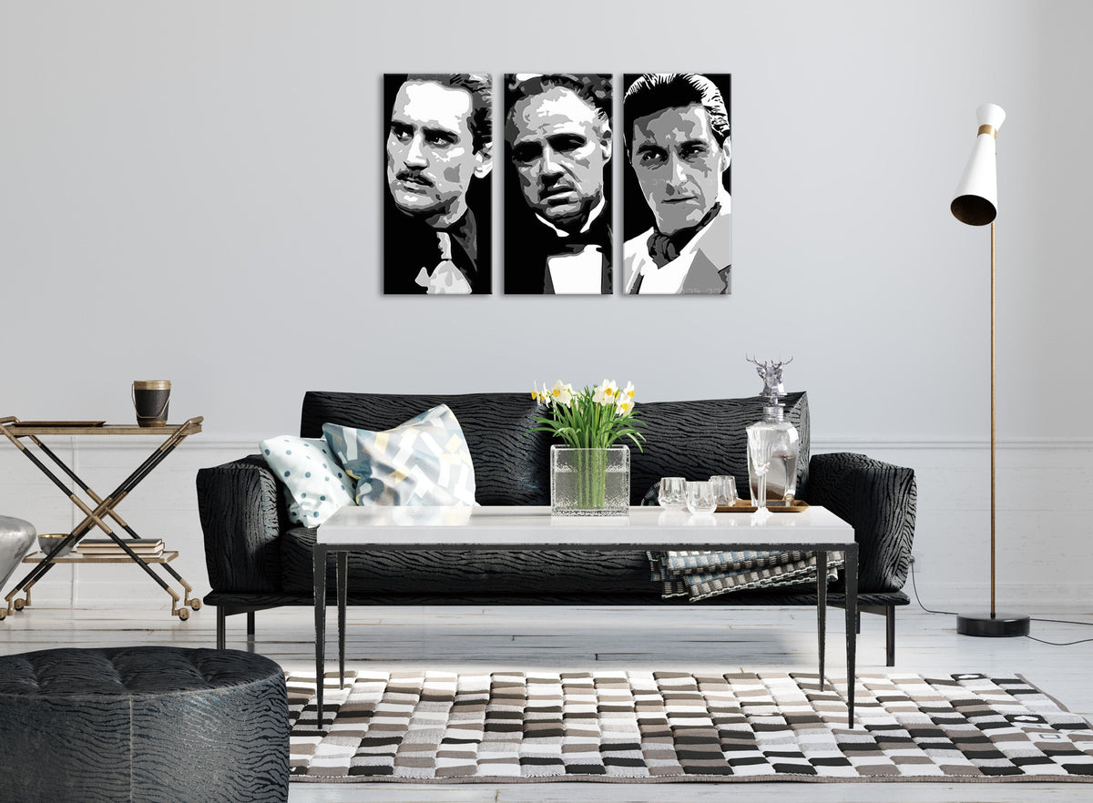 Модерна слика на платно со мотив The Godfather во црно-бело нијанси, драматична атмосфера, сила и моќ и семејство | Најголем MAFIÁNI na платно - The Godfather – главна