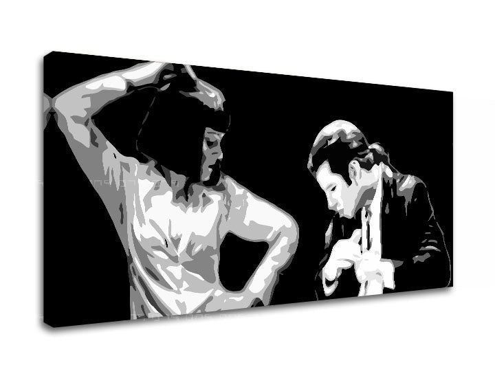 Поп арт слика со мотив Pulp Fiction, маж во одело, природа во бело-црно нијанси | POP Art слика Pulp Fiction – преглед