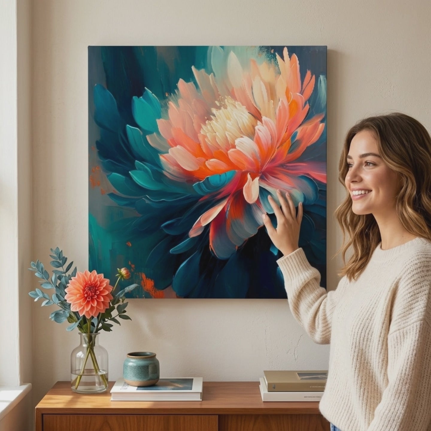 Дизајн декорација на платно Шарени цветни впечатоци 60x60 cm. Модерна декорација за ѕид, слика на платно за дневна соба, жена го разгледува делото во стилен светол ентериер. Papilora (XOBMDFL002E1).