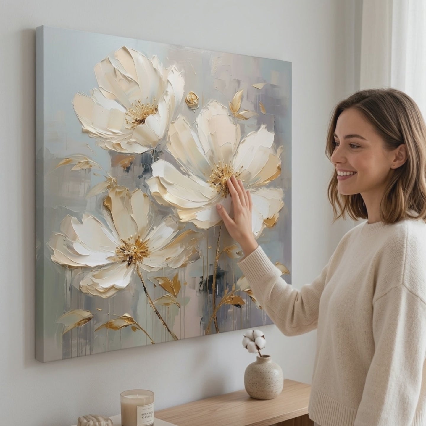 Цветен свет на платно Задоволство за вашите сетила 60x60 cm. Модерна декорација за ѕид, слика на платно за дневна соба, жена го разгледува делото во стилен светол ентериер. Papilora (XOBMDFL022E1).