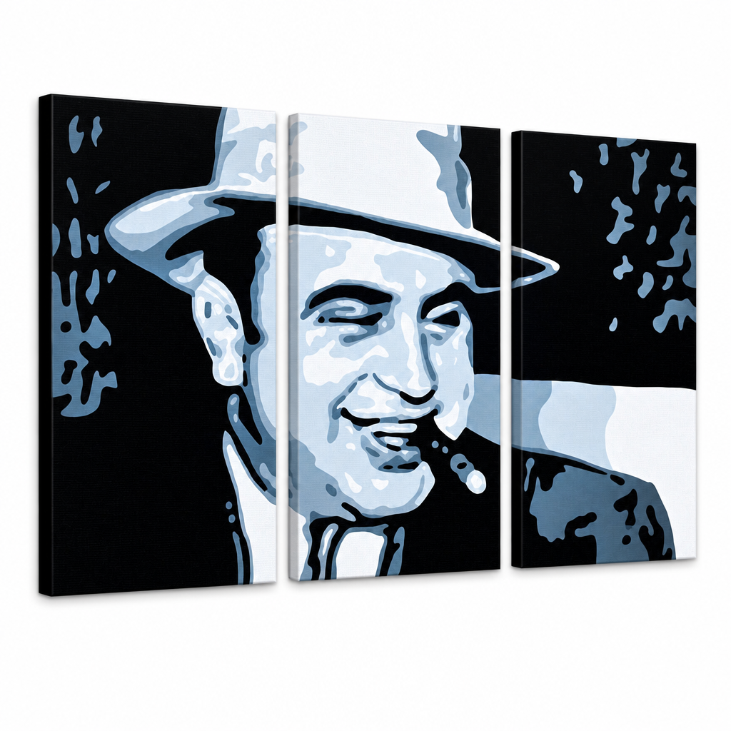 Рачно насликана POP ART слика AL CAPONE – 3D визуелизација на рачно сликана платно на бел фон. Доминантни бои: црна, сина, бела.