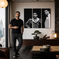 Рачно насликана поп-арт слика АЛ ПАЧИНО 3 парчиња al31 – слика во модерен машки ентериер, lifestyle визуелизација. Доминантни бои: црна, бела, сива.
