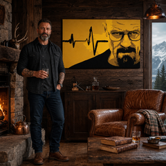 Рачно насликана ПОП-арт слика BREAKING BAD 1 парче brb2 – слика во модерен машки ентериер, lifestyle визуелизација. Доминантни бои: жолта, црна, кафена.