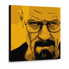 Рачно насликана ПОП-арт слика „Breaking Bad“ од 4 дела – 3D визуелизација на рачно сликана платно на бел фон. Доминантни бои: жолта, црна, кафена.