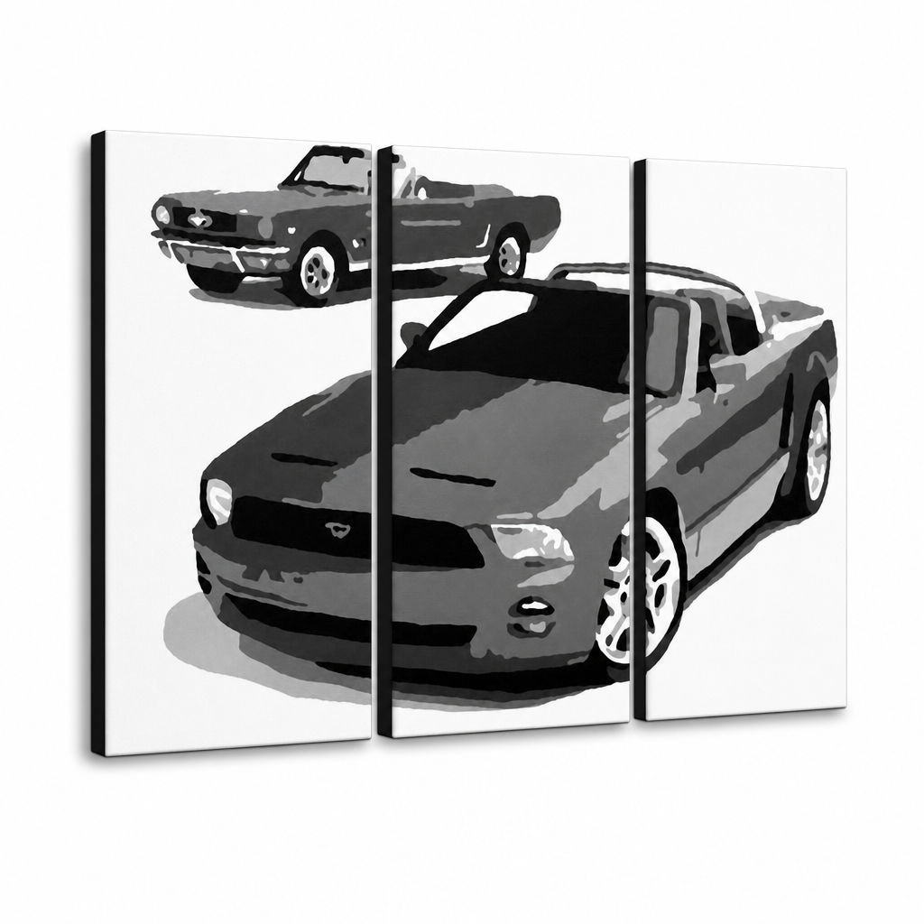 Рачно насликана поп-арт слика FORD MUSTANG од 3 парчиња fm2 – 3D визуелизација на рачно сликана платно на бел фон. Доминантни бои: црна, бела, сива.