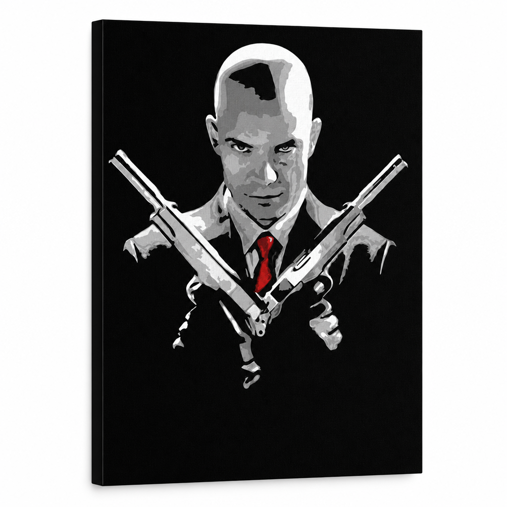 Рачно насликана поп-арт слика HITMAN хит – 3D визуелизација на рачно сликана платно на бел фон. Доминантни бои: црна, црвена, сива.