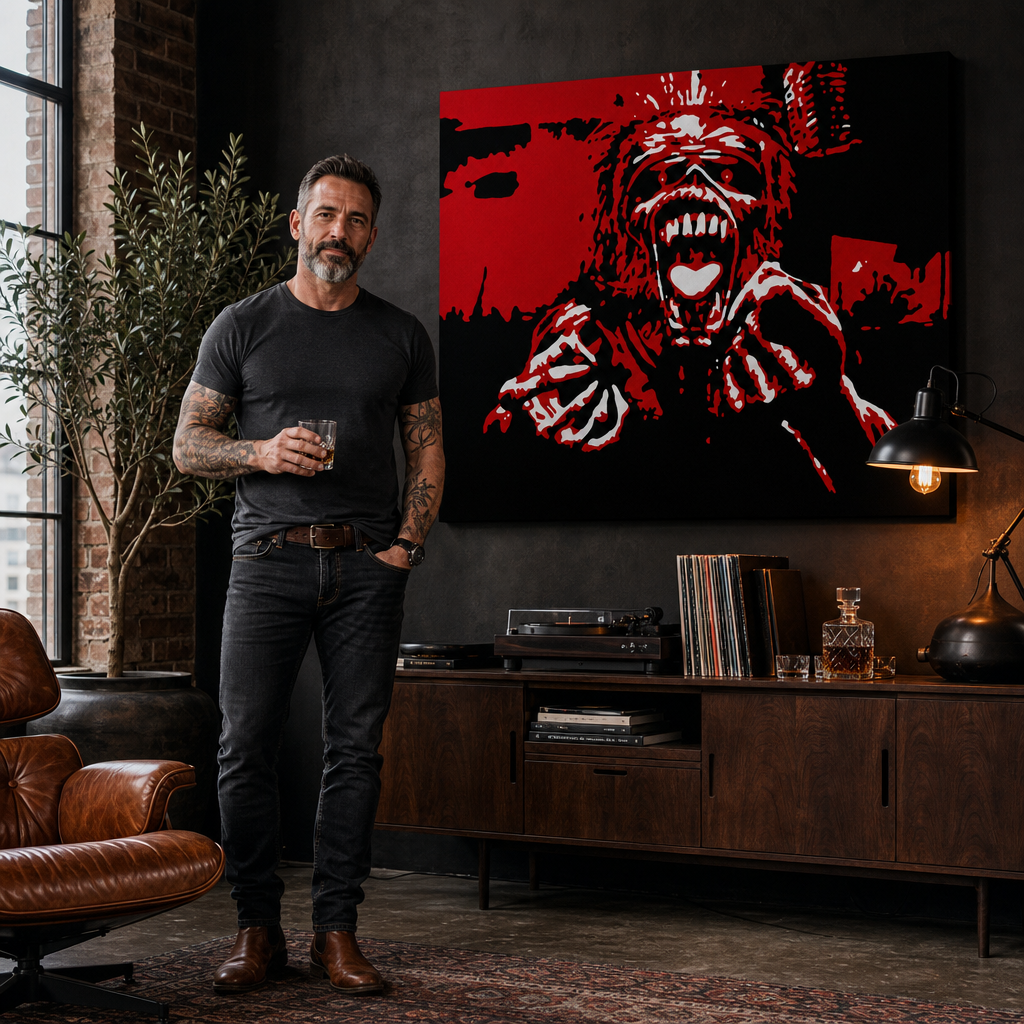 Рачно насликана ПОП-арт слика Iron Maiden 1 парче im – слика во модерен машки ентериер, lifestyle визуелизација. Доминантни бои: црвена, црна, бела.