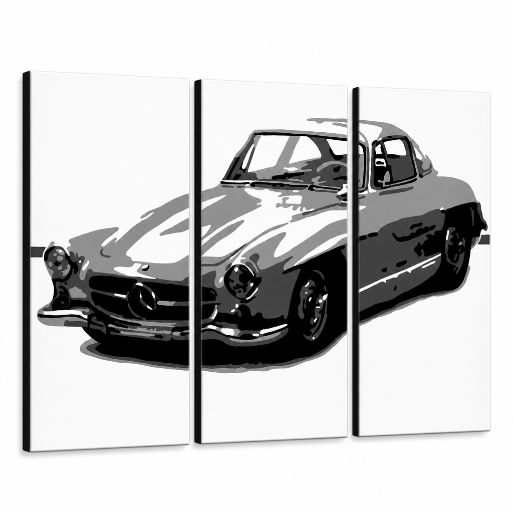 Рачно насликана ПОП-арт слика MERCEDES SL300 мер од 3 дела – 3D визуелизација на рачно сликана платно на бел фон. Доминантни бои: црна, бела, сива.
