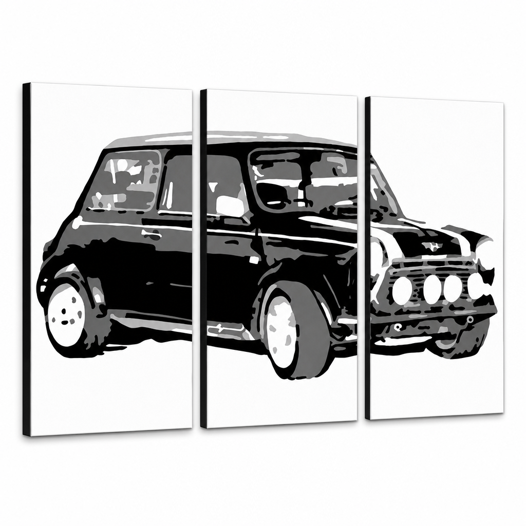 Рачно насликана ПОП-арт слика MINI COOPER мини од 3 дела – 3D визуелизација на рачно сликана платно на бел фон. Доминантни бои: црна, бела, сива.