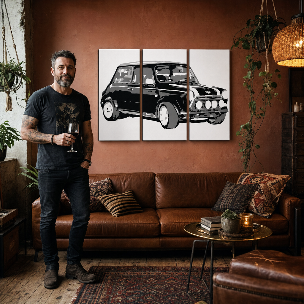 Рачно насликана ПОП-арт слика MINI COOPER мини од 3 дела – слика во модерен машки ентериер, lifestyle визуелизација. Доминантни бои: црна, бела, сива.