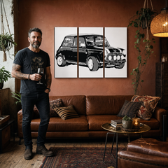 Рачно насликана ПОП-арт слика MINI COOPER мини од 3 дела – слика во модерен машки ентериер, lifestyle визуелизација. Доминантни бои: црна, бела, сива.