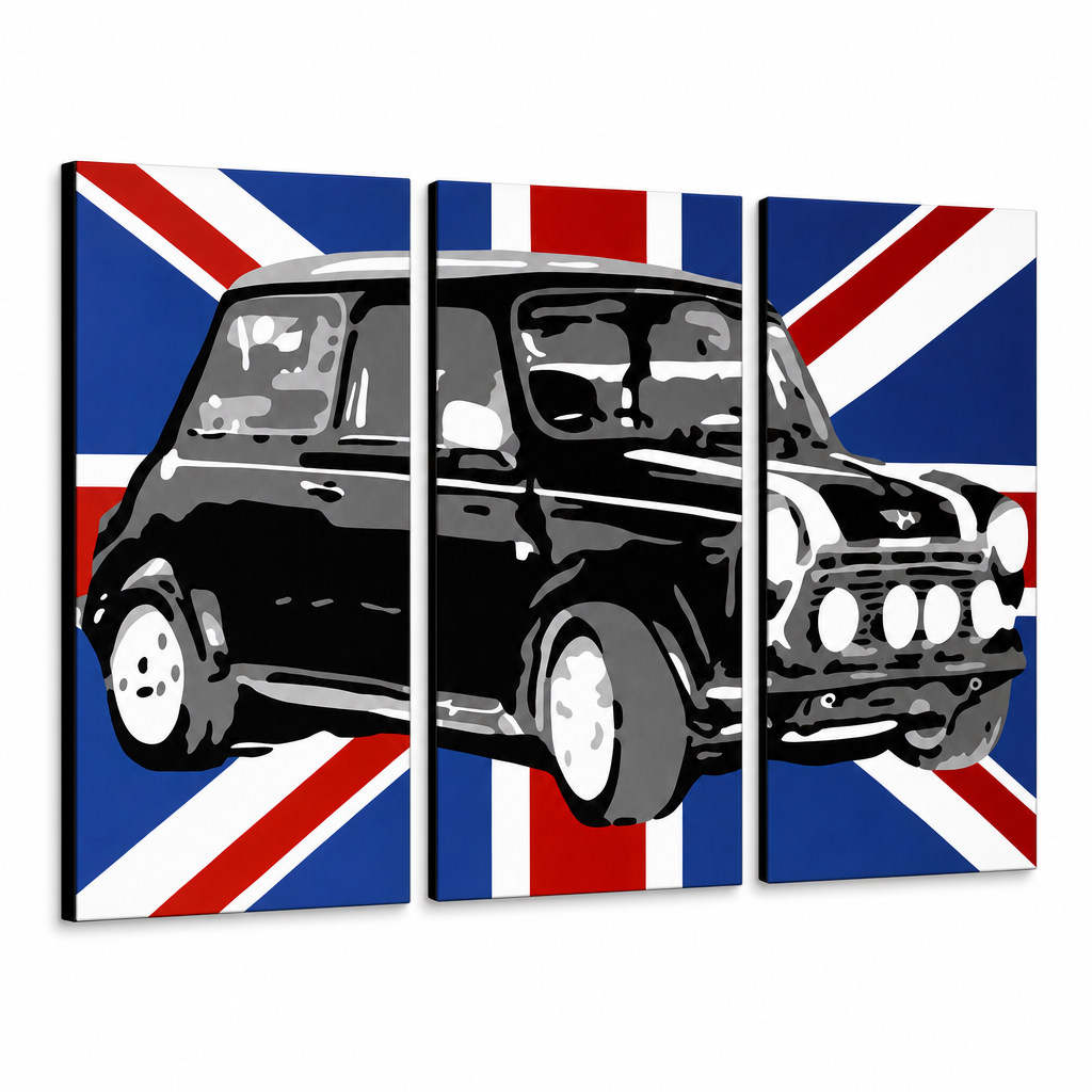 Рачно насликана поп-арт слика MINI COOPER mini2 од 3 дела – 3D визуелизација на рачно сликана платно на бел фон. Доминантни бои: црна, сина, бела.