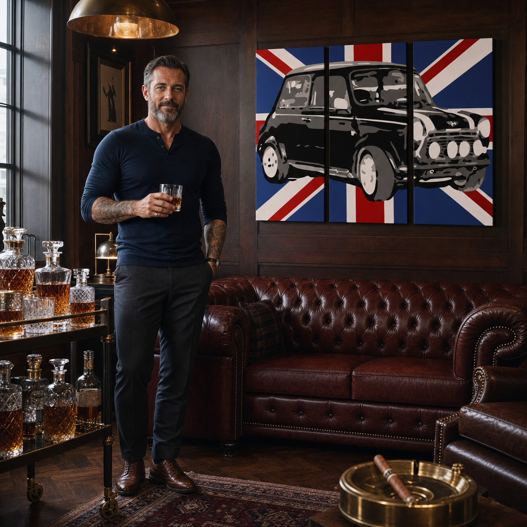 Рачно насликана поп-арт слика MINI COOPER mini2 од 3 дела – слика во модерен машки ентериер, lifestyle визуелизација. Доминантни бои: црна, сина, бела.