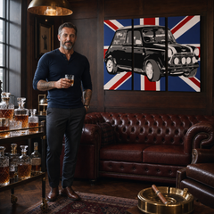 Рачно насликана поп-арт слика MINI COOPER mini2 од 3 дела – слика во модерен машки ентериер, lifestyle визуелизација. Доминантни бои: црна, сина, бела.