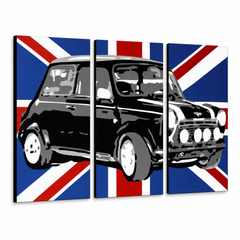 Рачно насликана поп-арт слика MINI COOPER mini2 од 3 дела – 3D визуелизација на рачно сликана платно на бел фон. Доминантни бои: црна, сина, бела.