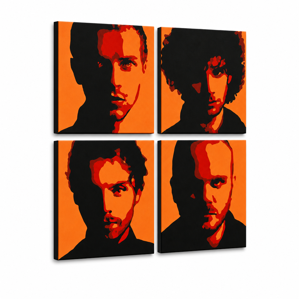 Рачно насликана ПОП-арт слика од Coldplay, 4 дела, cp2 – 3D визуелизација на рачно сликана платно на бел фон. Доминантни бои: црна, портокалова, црвена.