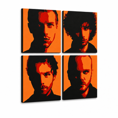 Рачно насликана ПОП-арт слика од Coldplay, 4 дела, cp2 – 3D визуелизација на рачно сликана платно на бел фон. Доминантни бои: црна, портокалова, црвена.