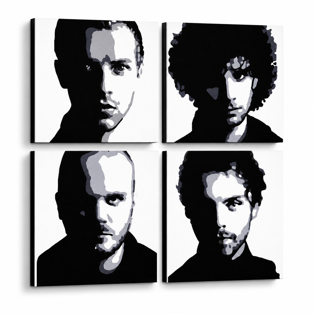 Рачно насликана ПОП-арт слика од Coldplay, 4 парчиња – 3D визуелизација на рачно сликана платно на бел фон. Доминантни бои: црна, бела, сива.