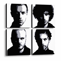 Рачно насликана ПОП-арт слика од Coldplay, 4 парчиња – 3D визуелизација на рачно сликана платно на бел фон. Доминантни бои: црна, бела, сива.