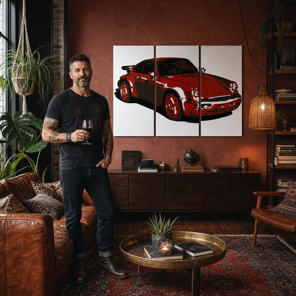 Рачно насликана ПОП-арт слика PORSCHE 911, 3 парчиња por2 – слика во модерен машки ентериер, lifestyle визуелизација. Доминантни бои: црвена, црна, бела.