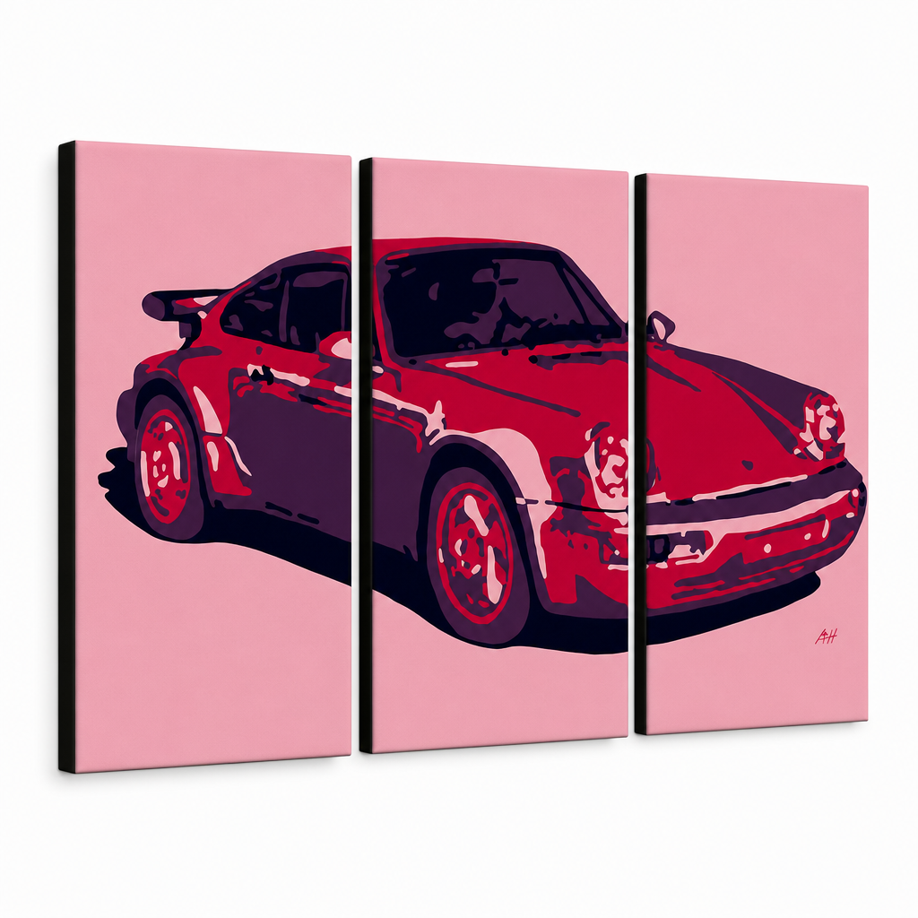 Рачно насликана ПОП-арт слика PORSCHE 911, 3 парчиња por3 – 3D визуелизација на рачно сликана платно на бел фон. Доминантни бои: црвена, розова, црна.