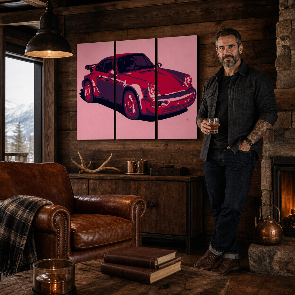 Рачно насликана ПОП-арт слика PORSCHE 911, 3 парчиња por3 – слика во модерен машки ентериер, lifestyle визуелизација. Доминантни бои: црвена, розова, црна.