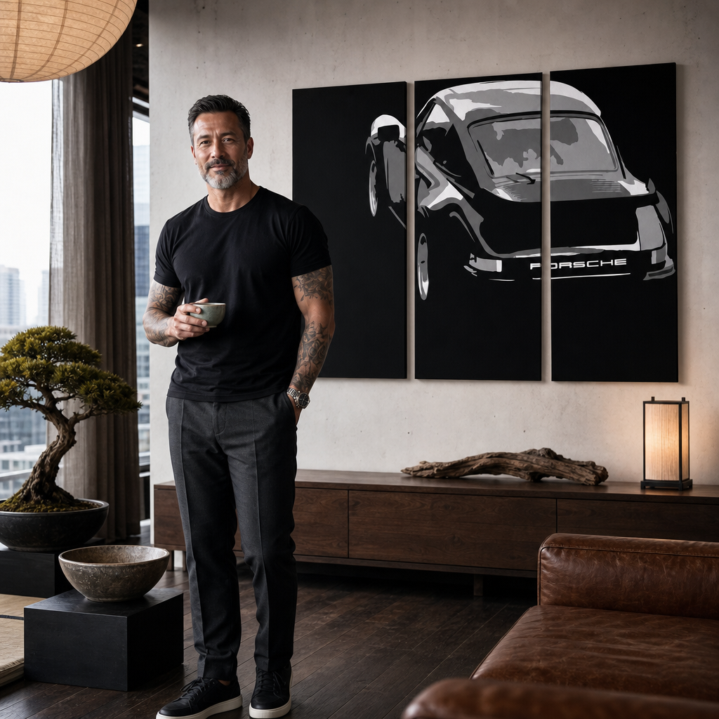 Рачно насликана ПОП-арт слика PORSCHE 911, 3 парчиња por4 – слика во модерен машки ентериер, lifestyle визуелизација. Доминантни бои: црна, бела, сива.