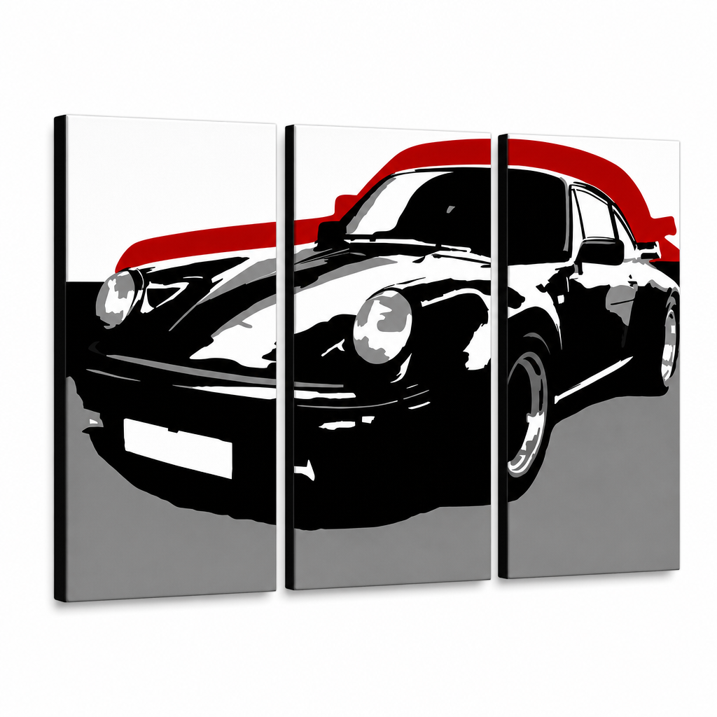 Рачно насликана ПОП-арт слика PORSCHE 911, 3 парчиња por5 – 3D визуелизација на рачно сликана платно на бел фон. Доминантни бои: црна, црвена, сива.