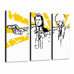 Рачно насликана ПОП-арт слика Pulp fiction 3 парчиња pulp2 – 3D визуелизација на рачно сликана платно на бел фон. Доминантни бои: жолта, црна, бела.