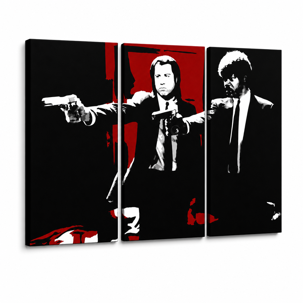 Рачно насликана ПОП-арт слика Pulp Fiction 3 парчиња pulp5 – 3D визуелизација на рачно сликана платно на бел фон. Доминантни бои: црна, црвена, бела.