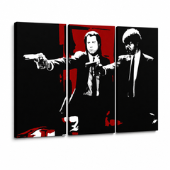 Рачно насликана ПОП-арт слика Pulp Fiction 3 парчиња pulp5 – 3D визуелизација на рачно сликана платно на бел фон. Доминантни бои: црна, црвена, бела.
