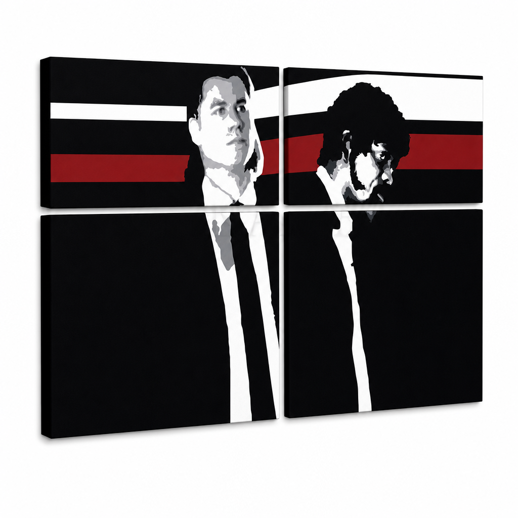 Рачно насликана ПОП-арт слика Pulp Fiction 4 парчиња пулпа – 3D визуелизација на рачно сликана платно на бел фон. Доминантни бои: црна, црвена, бела, сива, кафена.