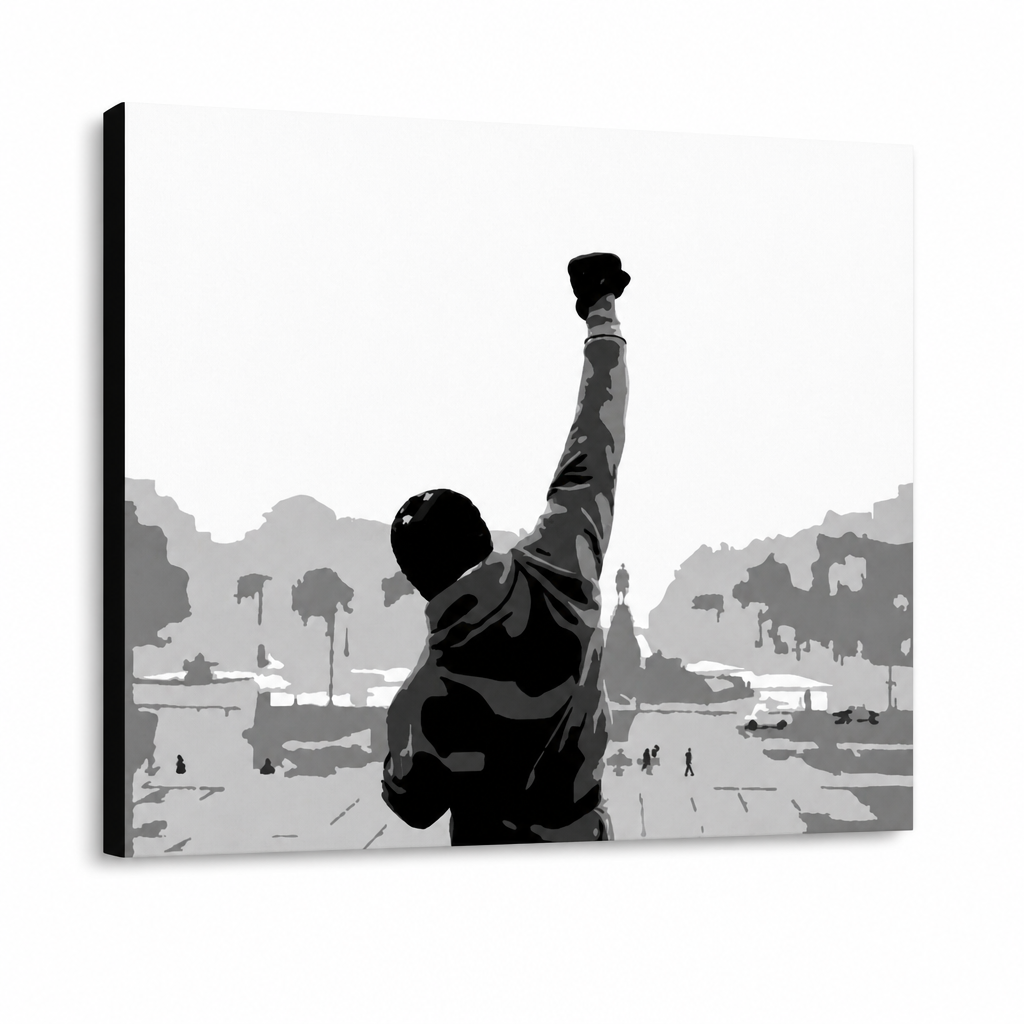Рачно насликана ПОП-арт слика ROCKY 1 парче Rocky – 3D визуелизација на рачно сликана платно на бел фон. Доминантни бои: црна, бела, сива.