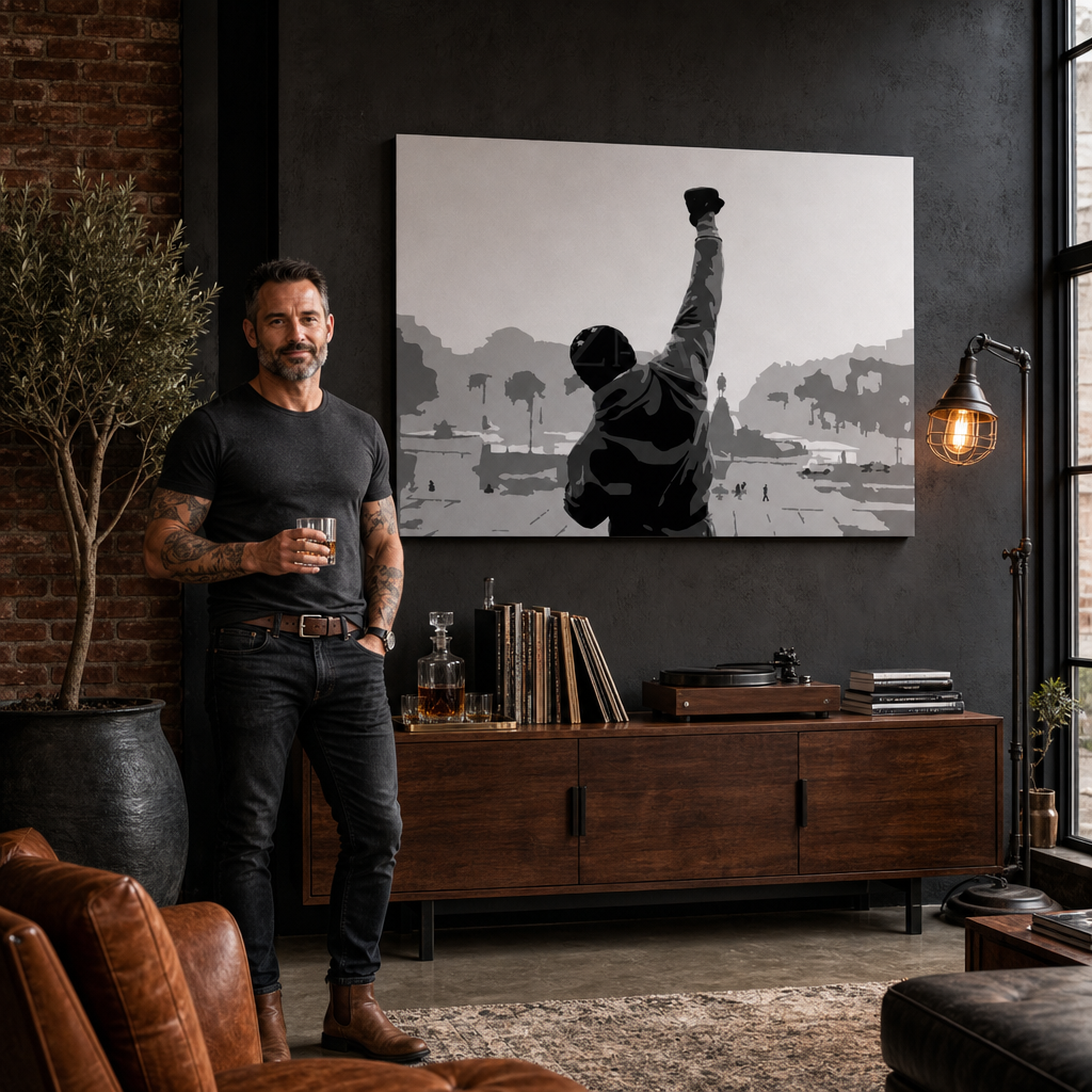 Рачно насликана ПОП-арт слика ROCKY 1 парче Rocky – слика во модерен машки ентериер, lifestyle визуелизација. Доминантни бои: црна, бела, сива.