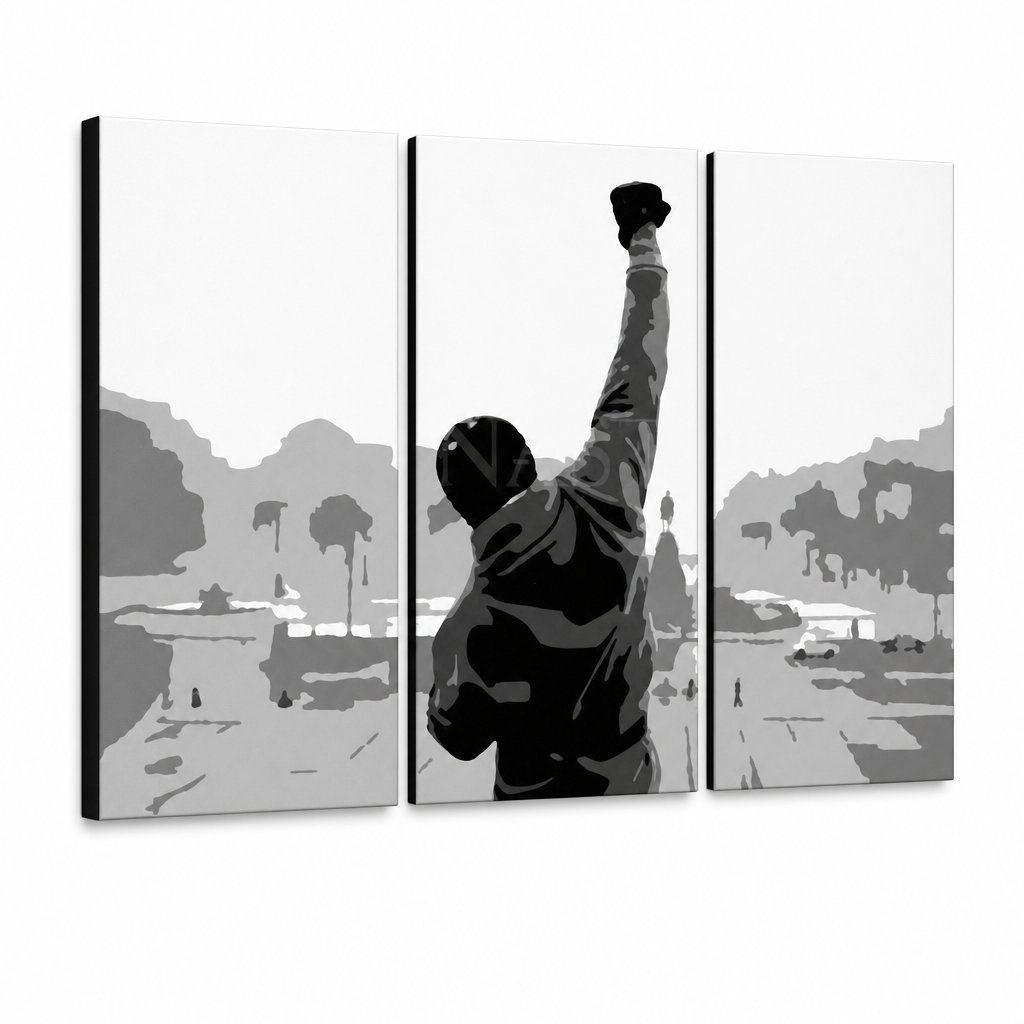 Рачно насликана ПОП-арт слика ROCKY 3 дела rocky2 – 3D визуелизација на рачно сликана платно на бел фон. Доминантни бои: црна, сива, бела.