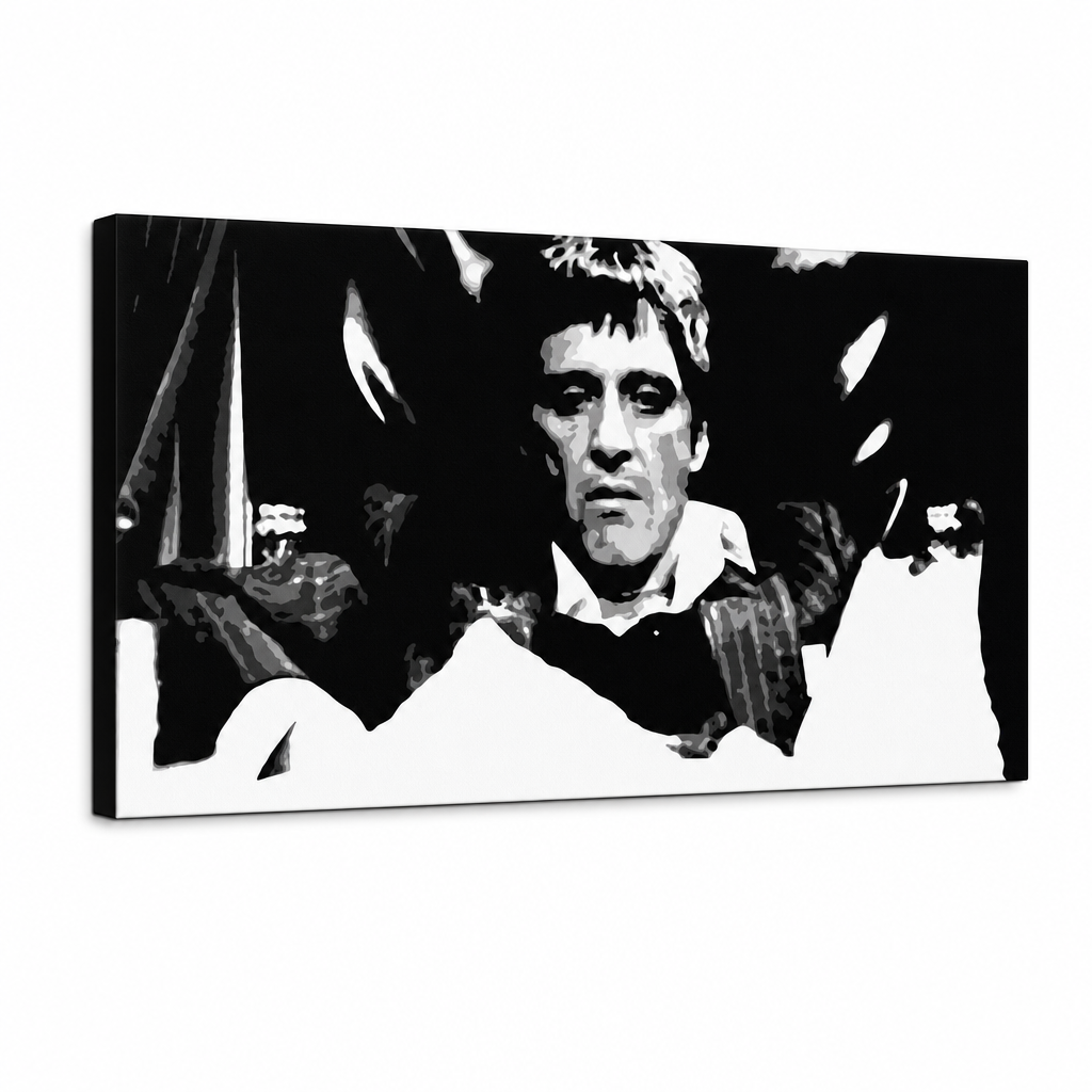 Рачно насликана ПОП-арт слика Scarface 1 дел smk – 3D визуелизација на рачно сликана платно на бел фон. Доминантни бои: црна, бела, сива.
