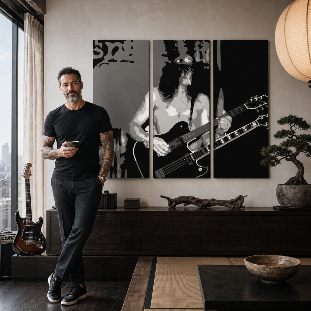 Рачно насликана ПОП-арт слика Slash 3 парчиња en – слика во модерен машки ентериер, lifestyle визуелизација. Доминантни бои: црна, бела, сива.