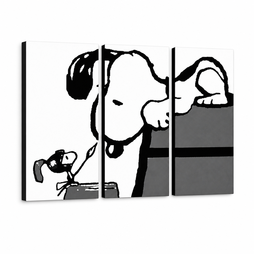 Рачно насликана ПОП-арт слика СНУПИ 3 дела snoopy3 – 3D визуелизација на рачно сликана платно на бел фон. Доминантни бои: црна, бела, сива.