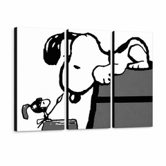 Рачно насликана ПОП-арт слика СНУПИ 3 дела snoopy3 – 3D визуелизација на рачно сликана платно на бел фон. Доминантни бои: црна, бела, сива.