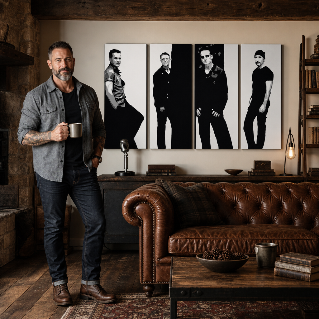 Рачно насликана ПОП-арт слика U2 во црна боја, 4 дела U2 – слика во модерен машки ентериер, lifestyle визуелизација. Доминантни бои: црна, бела, сива.