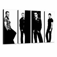Рачно насликана ПОП-арт слика U2 во црна боја, 4 дела U2 – 3D визуелизација на рачно сликана платно на бел фон. Доминантни бои: црна, бела, сива.