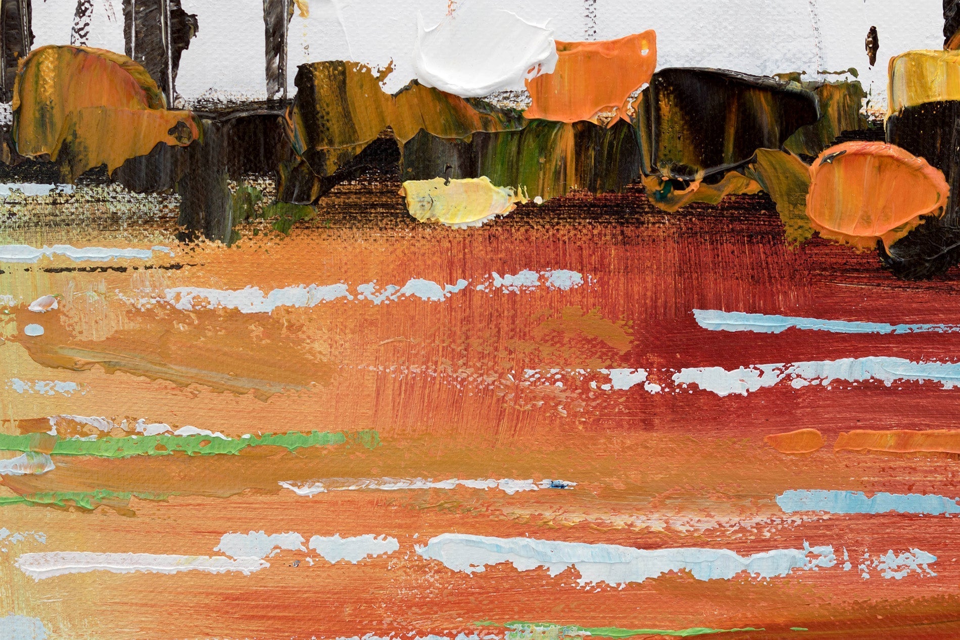 Приказ на аголот на рачно насликаната слика ДРВЈА 140x70 cm, покажувајќи ја дебелината на платното и квалитетот на изработката.
