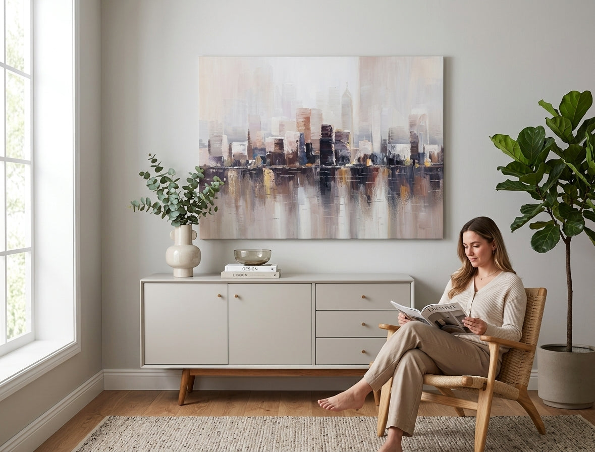 Рачно насликана слика МЕТРОПОЛА 120x90 cm, совршено интегрирана во модерен ентериер, додавајќи софистицираност на дневната соба со своите топли бои.