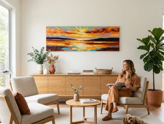 Елегантна рачно насликана слика на платно Зајдисонце, 150x50 cm, со живописни бои, совршено интегрирана во модерен ентериер.
