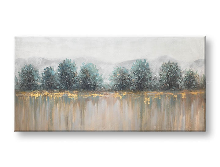 Мал преглед на рачно насликано платно со мотив дрвја, 140x70 cm, во бело-сини нијанси, за брз преглед.