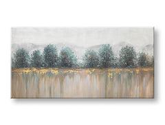 Рачно насликано платно Papilora, мотив дрвја и планини во бело-сини нијанси, 140x70 cm, 3D приказ на платното.
