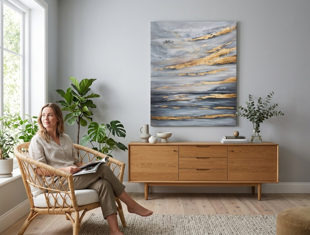 Рачно сликана апстрактна слика „Небо“ 90×110 cm со сиви и златни акценти, елегантно поставена во модерен ентериер.