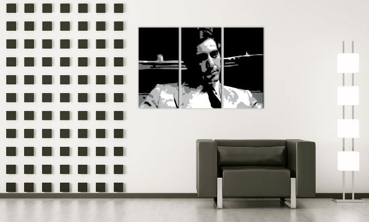 Рачно насликана слика на платно со мотив AL PACINO во црно-бело нијанси, софистицирана атмосфера, градски живот | Рачно насликана POP Art слика AL PACINO – главна